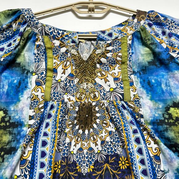 Y2K Top One World Boho Fairycore Grunge Peasant Blouse Blue Green Hippie Size S - Picture 3 of 9